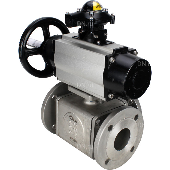 Кран шаровой BV3232P(4pc)-FP-3WL-F Ду100 Ру16 полнопроходной трехходовой, фланцевый, корпус - нержавеющая сталь SS316, с пневмоприводом PA-DA-105-1 двойного действия, пневмораспределителем 4M310-08 AC220V и БКВ APL-210N в Омске