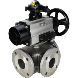 Кран шаровой BV3232P(4pc)-FP-3WL-F Ду100 Ру16 полнопроходной трехходовой, фланцевый, корпус - нержавеющая сталь SS316, с пневмоприводом PA-DA-105-1 двойного действия, пневмораспределителем 4M310-08 AC220V и БКВ APL-210N