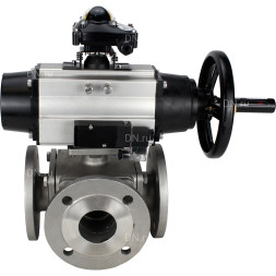 Кран шаровой BV3232P(4pc)-FP-3WL-F Ду100 Ру16 полнопроходной трехходовой, фланцевый, корпус - нержавеющая сталь SS316, с пневмоприводом PA-DA-105-1 двойного действия, пневмораспределителем 4M310-08 AC220V и БКВ APL-210N