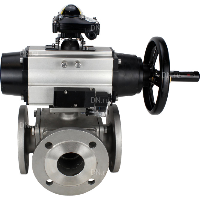 Кран шаровой BV3232P(4pc)-FP-3WL-F Ду100 Ру16 полнопроходной трехходовой, фланцевый, корпус - нержавеющая сталь SS316, с пневмоприводом PA-DA-105-1 двойного действия, пневмораспределителем 4M310-08 AC220V и БКВ APL-210N в Омске