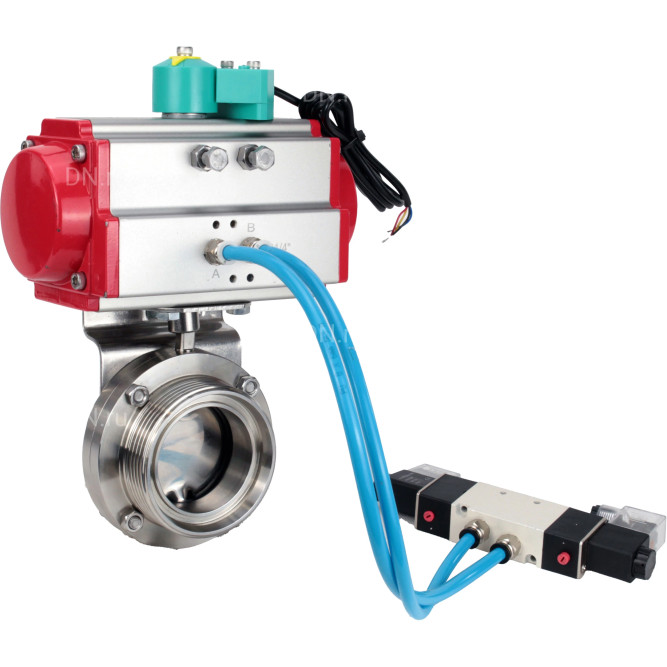 Затвор дисковый поворотный WBV3131S-2W-T-H Ду15 Ру10 резьбовой, пищевая нержавеющая сталь 304, уплотнение - Silicon, с пневмоприводом PA-DA-052, пневмораспределителем 4V320-10 AC220V и магнитным переключателем ALS200D в Омске