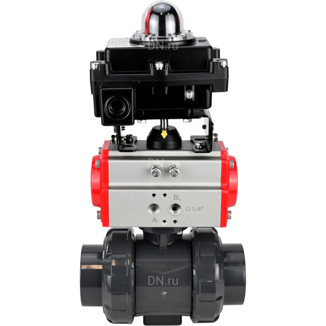 Кран шаровой BV4242E-FP-GRM-ISO Дн15 Ру10 полнопроходной, корпус - НПВХ, шар - НПВХ, уплотнение - EPDM, с пневмоприводом PA-SA-052 и БКВ APL-410N EX в Омске