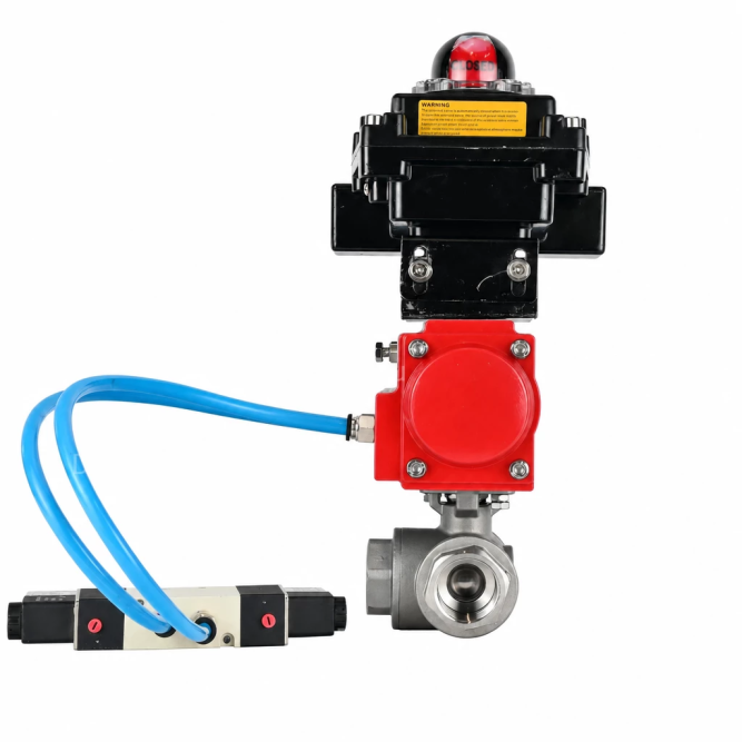 Кран шаровой BV3232P(4pc)-SP-3WT-T-ISO-H WDVF Ду25 Ру63 стандартнопроходной, 3-ходовой Т-тип, внутренняя резьба, нержавеющая сталь AISI 316, PTFE, с пневмоприводом PA-DA-065, пневмораспределителем 4V320-08 AC220V и БКВ APL-410N EX в Омске