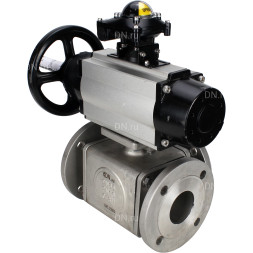 Кран шаровой BV3232P(4pc)-FP-3WL-F Ду100 Ру16 полнопроходной трехходовой, фланцевый, корпус - нержавеющая сталь SS316, с пневмоприводом PA-DA-105-1 двойного действия, пневмораспределителем 4M310-08 DC24V и БКВ APL-210N