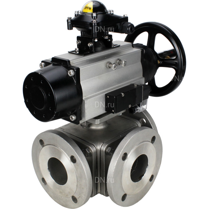 Кран шаровой BV3232P(4pc)-FP-3WL-F Ду100 Ру16 полнопроходной трехходовой, фланцевый, корпус - нержавеющая сталь SS316, с пневмоприводом PA-DA-105-1 двойного действия, пневмораспределителем 4M310-08 DC24V и БКВ APL-210N в Омске