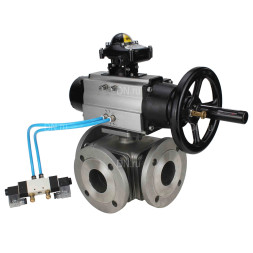 Кран шаровой BV3232P(4pc)-FP-3WL-F Ду100 Ру16 полнопроходной трехходовой, фланцевый, корпус - нержавеющая сталь SS316, с пневмоприводом PA-DA-105-1 двойного действия, пневмораспределителем 4V320-08 AC220V и БКВ APL-210N