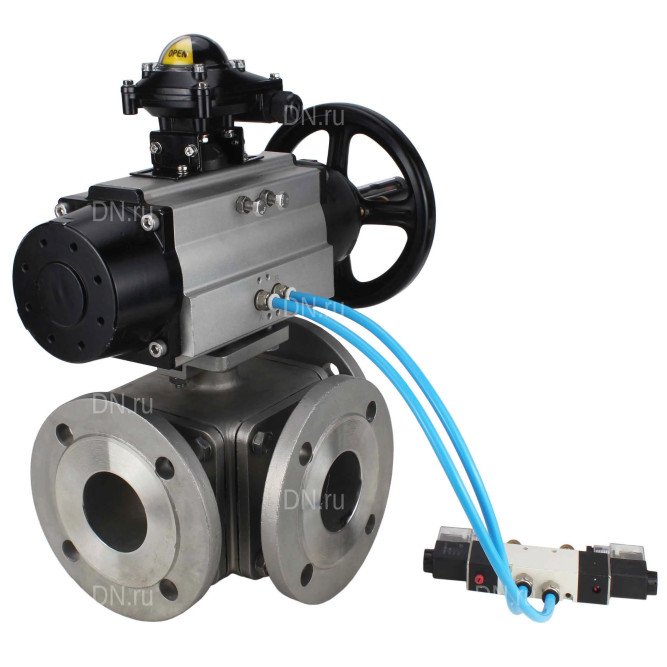 Кран шаровой BV3232P(4pc)-FP-3WL-F Ду100 Ру16 полнопроходной трехходовой, фланцевый, корпус - нержавеющая сталь SS316, с пневмоприводом PA-DA-105-1 двойного действия, пневмораспределителем 4V320-08 AC220V и БКВ APL-210N в Омске