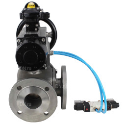 Кран шаровой BV3232P(4pc)-FP-3WL-F Ду100 Ру16 полнопроходной трехходовой, фланцевый, корпус - нержавеющая сталь SS316, с пневмоприводом PA-DA-105-1 двойного действия, пневмораспределителем 4V320-08 AC220V и БКВ APL-210N