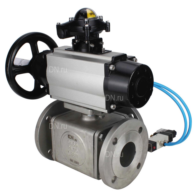 Кран шаровой BV3232P(4pc)-FP-3WL-F Ду100 Ру16 полнопроходной трехходовой, фланцевый, корпус - нержавеющая сталь SS316, с пневмоприводом PA-DA-105-1 двойного действия, пневмораспределителем 4V320-08 AC220V и БКВ APL-210N в Омске