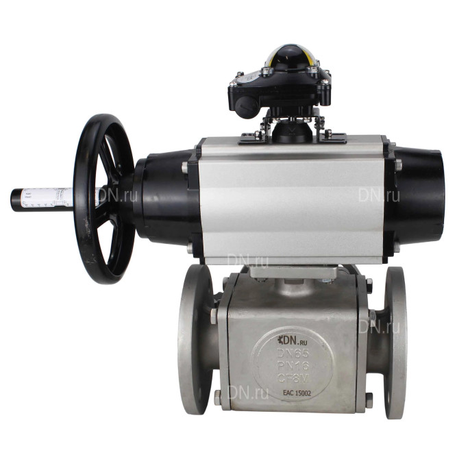 Кран шаровой BV3232P(4pc)-FP-3WL-F Ду100 Ру16 полнопроходной трехходовой, фланцевый, корпус - нержавеющая сталь SS316, с пневмоприводом PA-DA-105-1 двойного действия, пневмораспределителем 4V320-08 AC220V и БКВ APL-210N в Омске