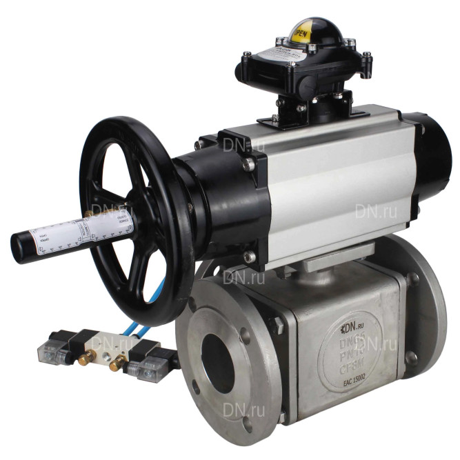 Кран шаровой BV3232P(4pc)-FP-3WL-F Ду100 Ру16 полнопроходной трехходовой, фланцевый, корпус - нержавеющая сталь SS316, с пневмоприводом PA-DA-105-1 двойного действия, пневмораспределителем 4V320-08 AC220V и БКВ APL-210N в Омске
