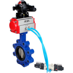 Затвор дисковый поворотный WBV1616E-2W-Fb-H Ду125 Ру16 LUG, корпус - чугун QT450, диск - чугун QT450, уплотнение - EPDM, с пневмоприводом PA-DA-105, пневмораспределителем 4M320-08 AC220V и БКВ APL-210N