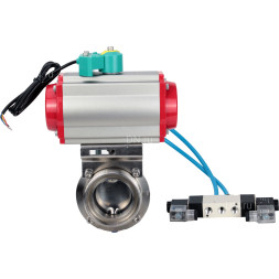 Затвор дисковый поворотный WBV3131S-2W-T-H Ду25 Ру10 резьбовой, пищевая нержавеющая сталь 304, уплотнение - Silicon, с пневмоприводом PA-DA-052, пневмораспределителем 4V320-10 AC220V и магнитным переключателем ALS200D