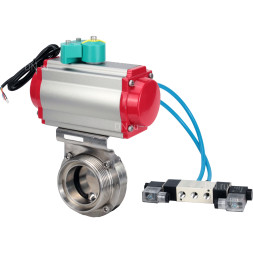 Затвор дисковый поворотный WBV3131S-2W-T-H Ду25 Ру10 резьбовой, пищевая нержавеющая сталь 304, уплотнение - Silicon, с пневмоприводом PA-DA-052, пневмораспределителем 4V320-10 AC220V и магнитным переключателем ALS200D