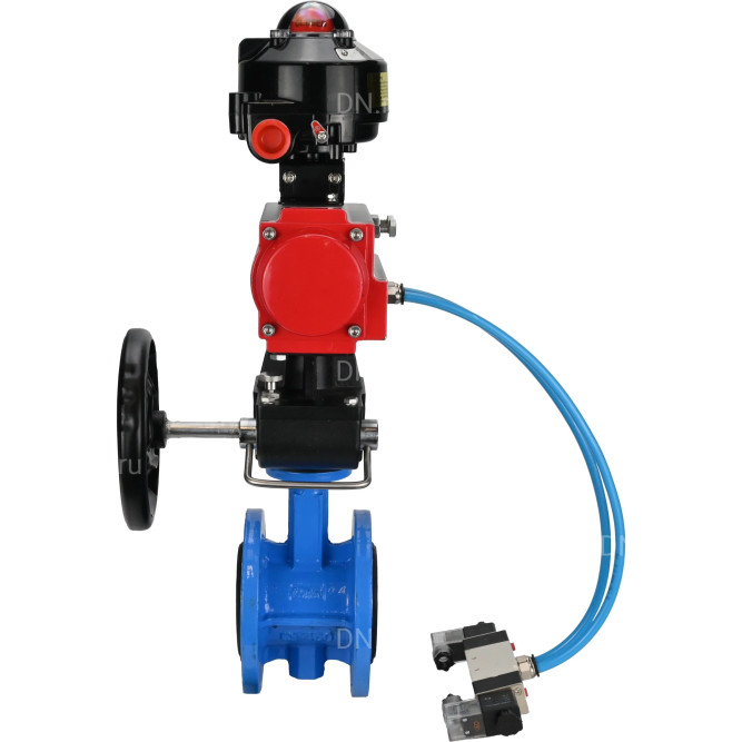Затвор дисковый поворотный WBV1313E-2W-F-H Ду200 Ру16 фланцевый, корпус - чугун GGG40, диск - чугун GGG40, EPDM, с пневмоприводом PA-DA-140, пневмораспределителем 4V320-08 AC220V, БКВ APL-510N EX и ручным дублером MON2-450-T28-ISO в Омске