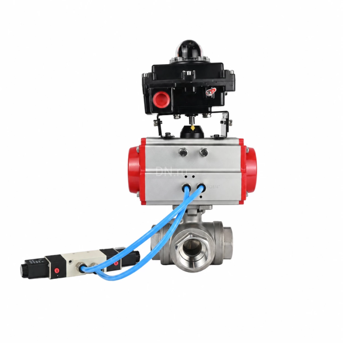 Кран шаровой BV3232P(4pc)-SP-3WL-T-ISO-H WDVF Ду40 Ру63 стандартнопроходной, 3-ходовой L-тип, внутренняя резьба, нержавеющая сталь AISI 316, PTFE, с пневмоприводом PA-DA-083, пневмораспределителем 4V320-08 AC220V и БКВ APL-410N EX в Омске