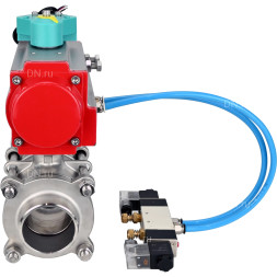 Кран шаровой BV3232P(3pc)-FP-W-ISO-H WDVF Ду25 Ру63 полнопроходной, трехсоставной, корпус - нержавеющая сталь 316, PTFE, под приварку, с пневмоприводом PA-DA-052, пневмораспределителем 4V320-08 AC220V и магнитным переключателем ALS200D