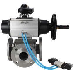 Кран шаровой BV3232P(4pc)-FP-3WL-F Ду100 Ру16 полнопроходной трехходовой, фланцевый, корпус - нержавеющая сталь SS316, с пневмоприводом PA-DA-105-1 двойного действия, пневмораспределителем 4V320-10 AC220V и БКВ APL-210N