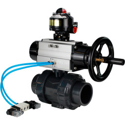 Кран шаровой BV4242E-FP-GRM-ISO Дн25 Ру10 полнопроходной, корпус - НПВХ, шар - НПВХ, уплотнение - EPDM, с пневмоприводом PA-DA-105-1, пневмораспределителем 4V320-10 AC220V и БКВ APL-510N EX