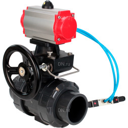 Кран шаровой BV4242E-FP-GRM-ISO Дн40 Ру10 полнопроходной, корпус - НПВХ, шар - НПВХ, уплотнение - EPDM, с пневмоприводом PA-DA-052, пневмораспределителем 4V320-10 AC220V и ручным дублером MON1-250-T26-ISO