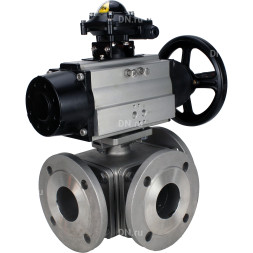 Кран шаровой BV3232P(4pc)-FP-3WL-F Ду100 Ру16 полнопроходной трехходовой, фланцевый, корпус - нержавеющая сталь SS316, с пневмоприводом PA-DA-105-1 двойного действия и БКВ APL-210N