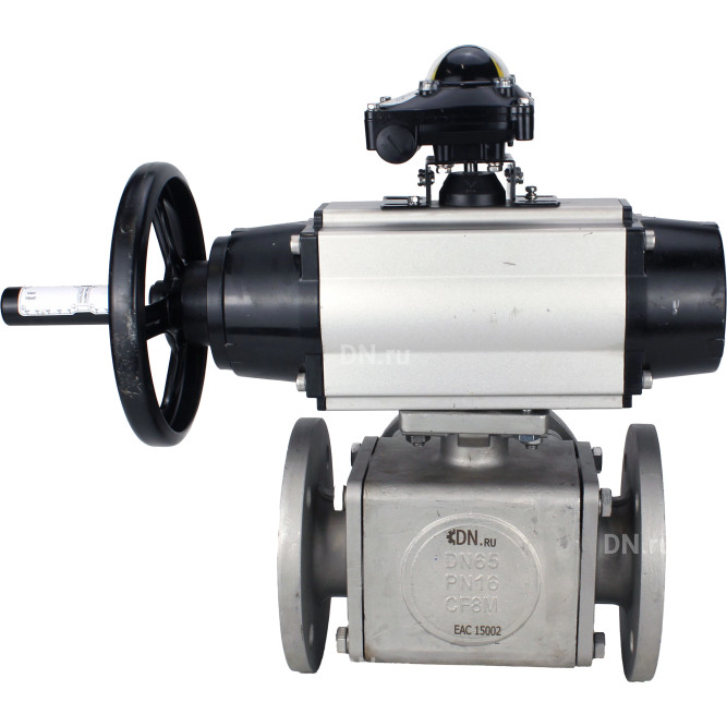 Кран шаровой BV3232P(4pc)-FP-3WL-F Ду100 Ру16 полнопроходной трехходовой, фланцевый, корпус - нержавеющая сталь SS316, с пневмоприводом PA-DA-105-1 двойного действия и БКВ APL-210N в Омске