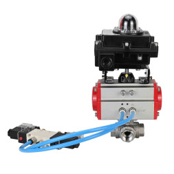 Кран шаровой BV3232P(4pc)-SP-3WL-T-ISO-H Ду65 Ру40, стандартнопроходной, четырехсоставной, корпус - нержавеющая сталь 316, уплотнение - PTFE, внутренняя резьба, с пневмоприводом PA-DA-083, пневмораспределителем 4V320-08 AC220V, БКВ APL-410N Ex