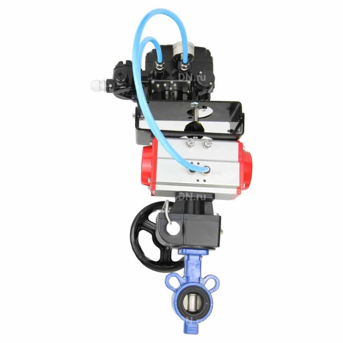 Затвор дисковый поворотный WBV3432V-2W-Fb-H Ду100 Ру16, углеродистая сталь WCB, нерж.сталь 316L, Viton, с пневмоприводом PA-DA-083, с ручным дублером MON2-450-T28-ISO и с электропневматическим поворотным позиционером YT-1000RSN без обратной связи в Омске