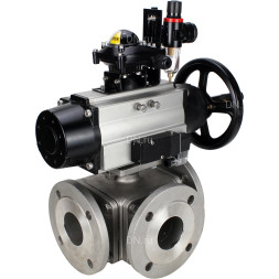 Кран шаровой BV3232P(4pc)-FP-3WL-F Ду100 Ру16 полнопроходной трехходовой, фланцевый, корпус - нержавеющая сталь SS316, с пневмоприводом PA-DA-105-1, пневмораспределителем 4M310-08 AC220V, БКВ APL-210N и БПВ AFC2000