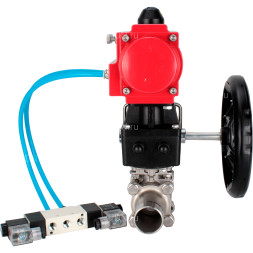 Кран шаровой BV3131P(3pc)-FP-W-ISO-H LONG Ду150 Ру16 полнопроходной, корпус - нержавеющая сталь 304, уплотнение - PTFE, под приварку, с пневмоприводом PA-DA-140, пневмораспределителем 4V320-10 AC220V и редуктором MON4-1200-T54-ISO