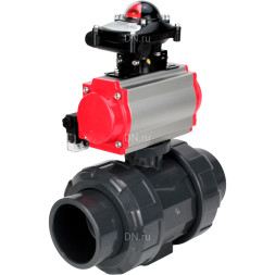 Кран шаровой BV4242E-FP-GRM-ISO Дн15 Ру10 полнопроходной, корпус - НПВХ, шар - НПВХ, уплотнение - EPDM, с пневмоприводом PA-SA-052, пневмораспределителем 4M310-08 DC24V и БКВ APL-210N