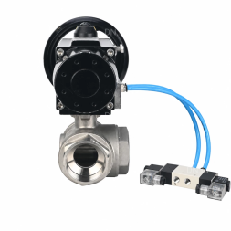 Кран шаровой BV3232P(4pc)-SP-3WL-T-ISO-H WDVF Ду65 Ру40 стандартнопроходной, 3-ходовой L-тип, внутренняя резьба, корпус - нержавеющая сталь AISI 316, уплотнение - PTFE, с пневмоприводом PA-DA-105-1 и пневмораспределителем 4V320-10 AC220V