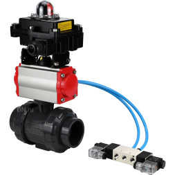 Кран шаровой BV4242E-FP-GRM-ISO Дн40 Ру10 полнопроходной, корпус - НПВХ, шар - НПВХ, уплотнение - EPDM, с пневмоприводом PA-DA-052, пневмораспределителем 4V320-08 AC220V и БКВ APL-410N EX