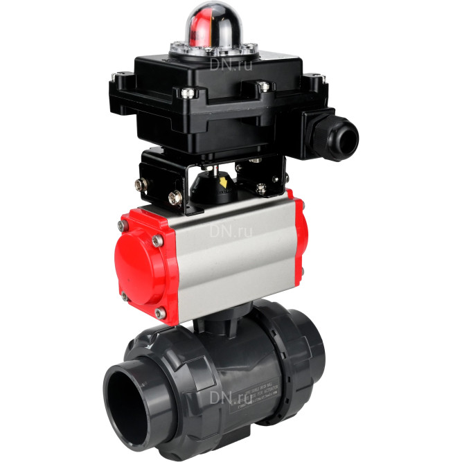 Кран шаровой BV4242E-FP-GRM-ISO Дн65 Ру10 полнопроходной, корпус - НПВХ, шар - НПВХ, уплотнение - EPDM, с пневмоприводом PA-SA-065 и БКВ APL-410N EX в Омске