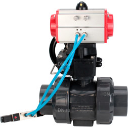 Кран шаровой BV4242E-FP-GRM-ISO Дн80 Ру10 полнопроходной, корпус - НПВХ, шар - НПВХ, уплотнение - EPDM, с пневмоприводом PA-DA-065, пневмораспределителем 4V320-10 AC220V и ручным дублером MON1-250-T26-ISO