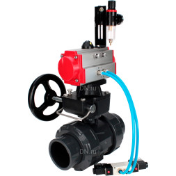 Кран шаровой BV4242E-FP-GRM-ISO Дн40 Ру10 полнопроходной, корпус - НПВХ, шар - НПВХ, уплотнение - EPDM, с пневмоприводом PA-DA-052, пневмораспределителем 4V320-08 AC220V, ручным дублером MON1-250-T26-ISO и БПВ AFC2000