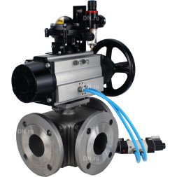 Кран шаровой BV3232P(4pc)-FP-3WL-F Ду100 Ру16 полнопроходной трехходовой, фланцевый, корпус - нержавеющая сталь SS316, с пневмоприводом PA-DA-105-1, пневмораспределителем 4V320-08 AC220V, БКВ APL-210N и БПВ AFC2000