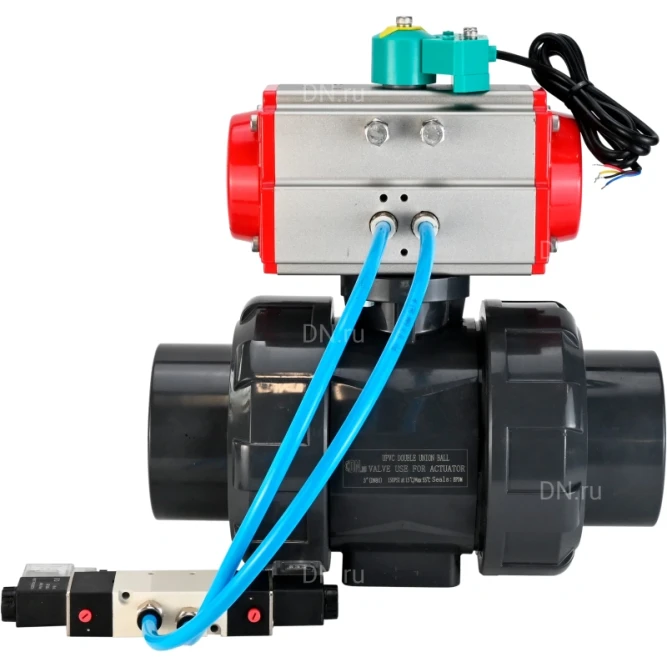 Кран шаровой BV4242E-FP-GRM-ISO Дн40 Ру10 полнопроходной, корпус - НПВХ, шар - НПВХ, уплотнение - EPDM, с пневмоприводом PA-SA-065, пневмораспределителем 4V320-08 AC220V и магнитным переключателем ALS200D в Омске