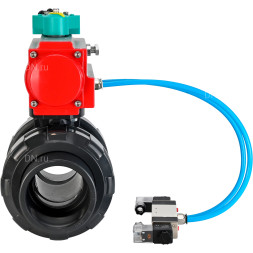 Кран шаровой BV4242E-FP-GRM-ISO Дн40 Ру10 полнопроходной, корпус - НПВХ, шар - НПВХ, уплотнение - EPDM, с пневмоприводом PA-SA-065, пневмораспределителем 4V320-08 AC220V и магнитным переключателем ALS200D
