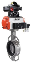 Затвор дисковый поворотный WBV3232N-2W-Fb-H Ду65 Ру16, корпус - нержавеющая сталь 316L, диск - нержавеющая сталь 316L, уплотнение - NBR, с пневмоприводом PA-SA-105 с возвратными пружинами, с пневмораспределителем 4V320-08 AC220V, с БКВ APL-510N EX