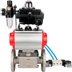 Кран шаровой BV3232P(4pc)-FP-3WL-F Ду40 Ру16 полнопроходной трехходовой, фланцевый, корпус - нержавеющая сталь SS316, с пневмоприводом PA-DA-065 двойного действия, пневмораспределителем 4V320-10 AC220V, БКВ APL-410N EX и БПВ AFC2000
