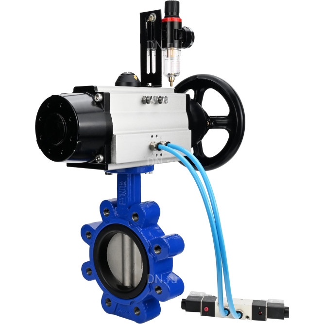 Затвор дисковый поворотный WBV1631E-2W-Fb-H Ду125 Ру16 LUG корпус - чугун QT450, диск - нержавеющая сталь 304, уплотнение - EPDM, с пневмоприводом PA-DA-105-1, пневмораспределителем 4V320-10 AC220V и БПВ AFC2000 в Омске