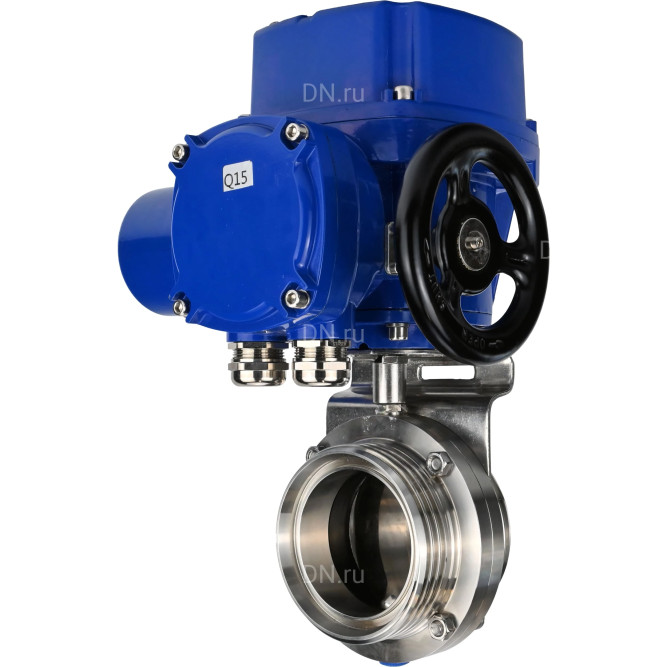 Затвор дисковый поворотный WBV3131E-2W-T-H Ду15 Ру10 резьбовой, корпус - пищевая нержавеющая сталь 304, уплотнение - EPDM, с электроприводом QT-N-005M-O2-380VAC-У1 с моментной муфтой и штурвалом в Омске