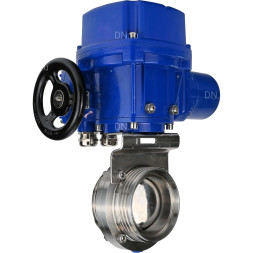 Затвор дисковый поворотный WBV3131E-2W-T-H Ду15 Ру10 резьбовой, корпус - пищевая нержавеющая сталь 304, уплотнение - EPDM, с электроприводом QT-N-005M-O2-380VAC-У1 с моментной муфтой и штурвалом