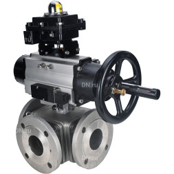 Кран шаровой BV3232P(4pc)-FP-3WL-F Ду100 Ру16 полнопроходной трехходовой, фланцевый, корпус - нержавеющая сталь SS316, с пневмоприводом PA-DA-105-1 двойного действия, пневмораспределителем 4M310-08 AC220V и БКВ APL-410N EX