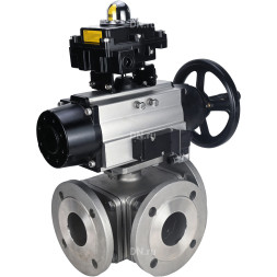 Кран шаровой BV3232P(4pc)-FP-3WL-F Ду100 Ру16 полнопроходной трехходовой, фланцевый, корпус - нержавеющая сталь SS316, с пневмоприводом PA-DA-105-1 двойного действия, пневмораспределителем 4M310-08 AC220V и БКВ APL-410N EX