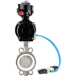 Затвор дисковый поворотный WBV3232P-2W-Fb-H Ду125 Ру16, корпус - нержавеющая сталь 316L, диск - нержавеющая сталь 316L, уплотнение - PTFE, с пневмоприводом PA-DA-105-1 двойного действия, с пневмораспределителем 4V320-08 AC220V, с БКВ APL-510N EX