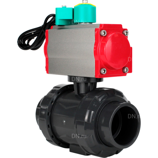 Кран шаровой BV4242E-FP-GRM-ISO Дн15 Ру10 полнопроходной, корпус - НПВХ, шар - НПВХ, уплотнение - EPDM, с пневмоприводом PA-DA-052 и магнитным переключателем ALS200D в Омске