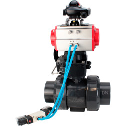 Кран шаровой BV4242E-FP-GRM-ISO Дн25 Ру10 полнопроходной, корпус - НПВХ, шар - НПВХ, уплотнение - EPDM, с пневмоприводом PA-DA-052, пневмораспределителем 4V320-08 AC220V, ручным дублером MON1-250-T26-ISO и БКВ APL-210N
