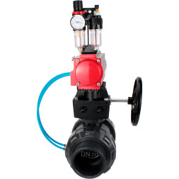 Кран шаровой BV4242E-FP-GRM-ISO Дн100 Ру10 полнопроходной, корпус - НПВХ, шар - НПВХ, уплотнение - EPDM, с пневмоприводом PA-DA-065, пневмораспределителем 4V320-08 AC220V, ручным дублером MON1-250-T26-ISO и БПВ AFC2000